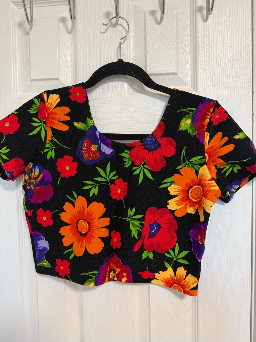 American Apparel Floral Square-Neck Crop Top in Black with Bright Blooms